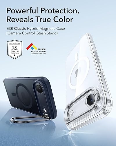 Vista 727 de ESR - Funda para iPhone 15 compatible con MagSafe, funda protectora de grado militar con soporte integrado, cubierta trasera resistente a