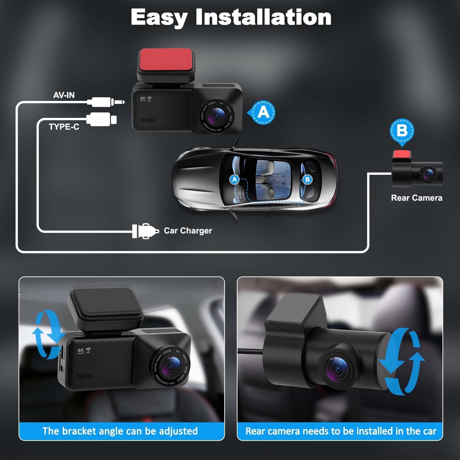 Dashcam Voiture 4K Avant Arrière 1080P, Caméra Embarquée Double Objectif | 170° Grand Angle, Vision Nocturne, Mode Parking G-Sensor, Carte SD 64Go, Installation Facile