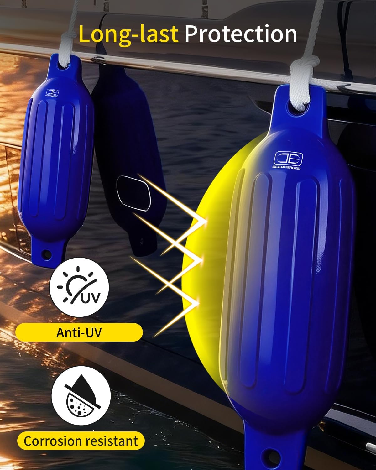 OCEANBROAD Boat Fenders 4 Pack, Inflatable Ribbed Boat Bumpers for Docking with 4 Ropes, Pump & Needles, PVC Fenders, Reinforced Dual Eyelets for Vertical/Horizontal Hanging, UV Resistant