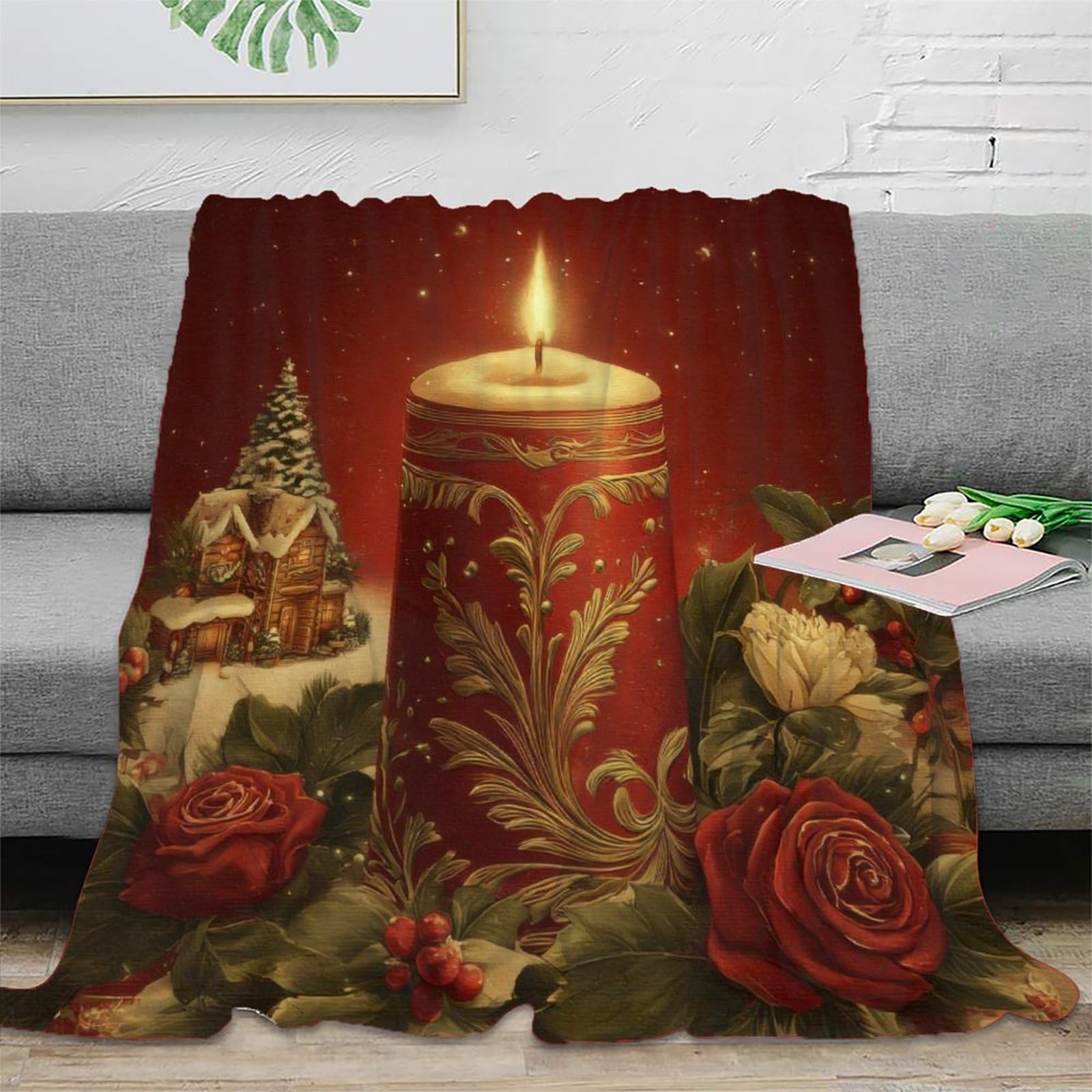 Couverture de Noël plaid microfibre 150x200 cm plaid canapé bougie 3D