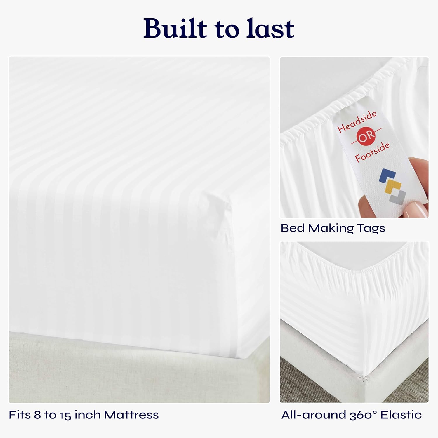 California Design Den Twin Size Sheet Set - 100% Cotton 500 Thread Count Sateen, Deep Pocket Bed Sheets with Fitted Elastic Sheet, Soft Luxury - Striped White - Image 4