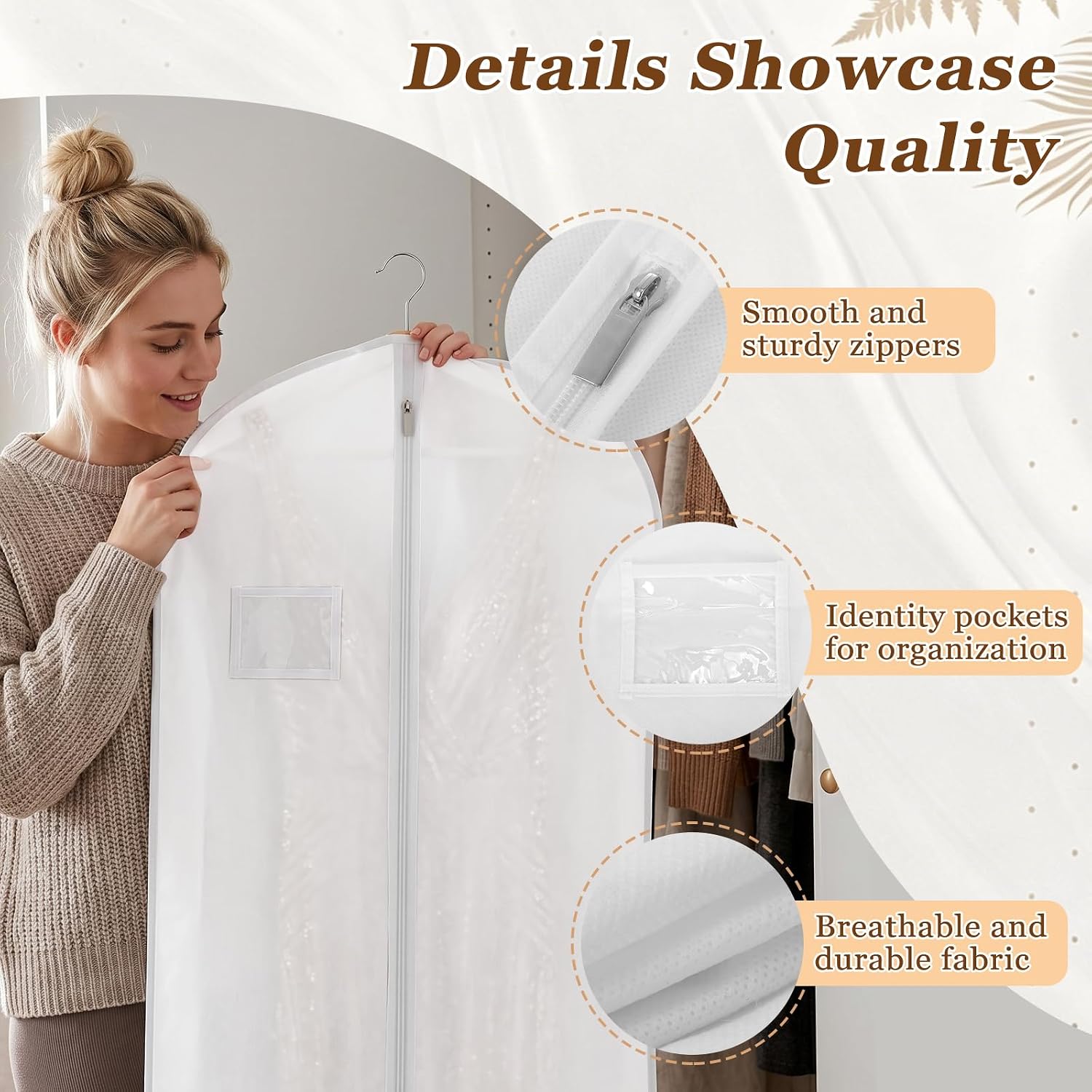 Wedding Dress Garment Bag, 2 Pcs 71" Bridal Wedding Gown Dress Garment Bag, Portable Long Garment Bags with 3 Pockets for Dress Travel (White) image 3