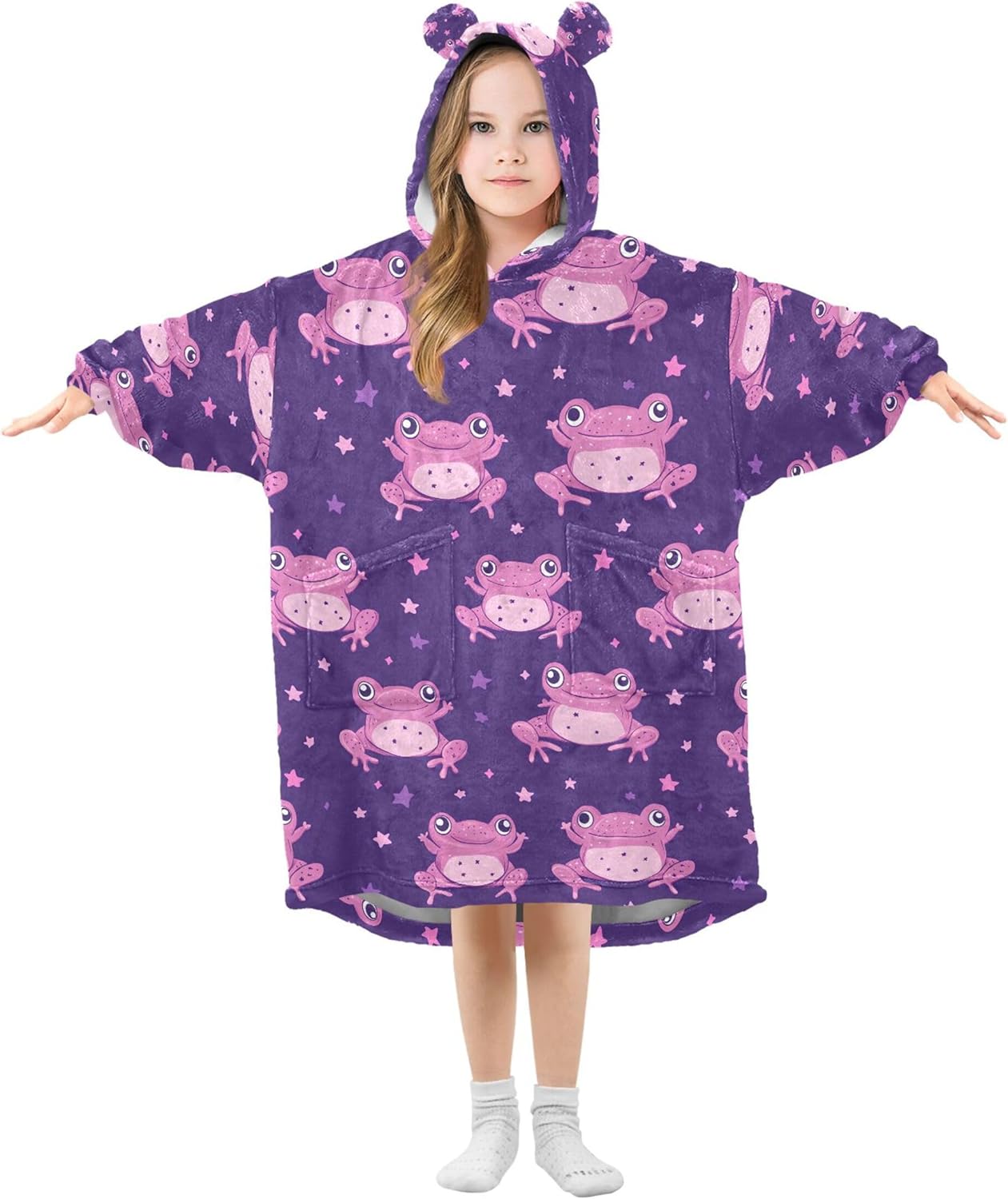 Cute Frog Kids Wearable Blanket Hoodie with Pocket and Sleeves for Toddlers, Cute Hoodies Girls Boys B0404133