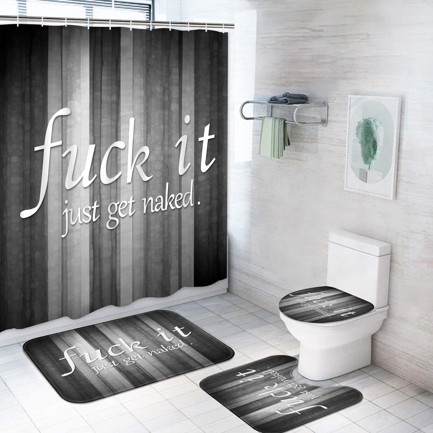 ArtSocket 4PC Funny Get Naked Grey Striped Vintage Abstract Shower Curtain Sets Bathroom Decor with Rugs, Non-Slip Rug,Toilet Lid Cover, Bath Mat and 12 Hooks 72x72 inches