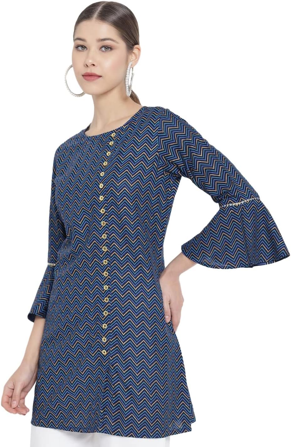 Yash Gallery Women's Rayon Chevron Printed Bell Sleeve Round Neck Mid Thigh Length Straight Fit Short Kurta For Summer - Image 2