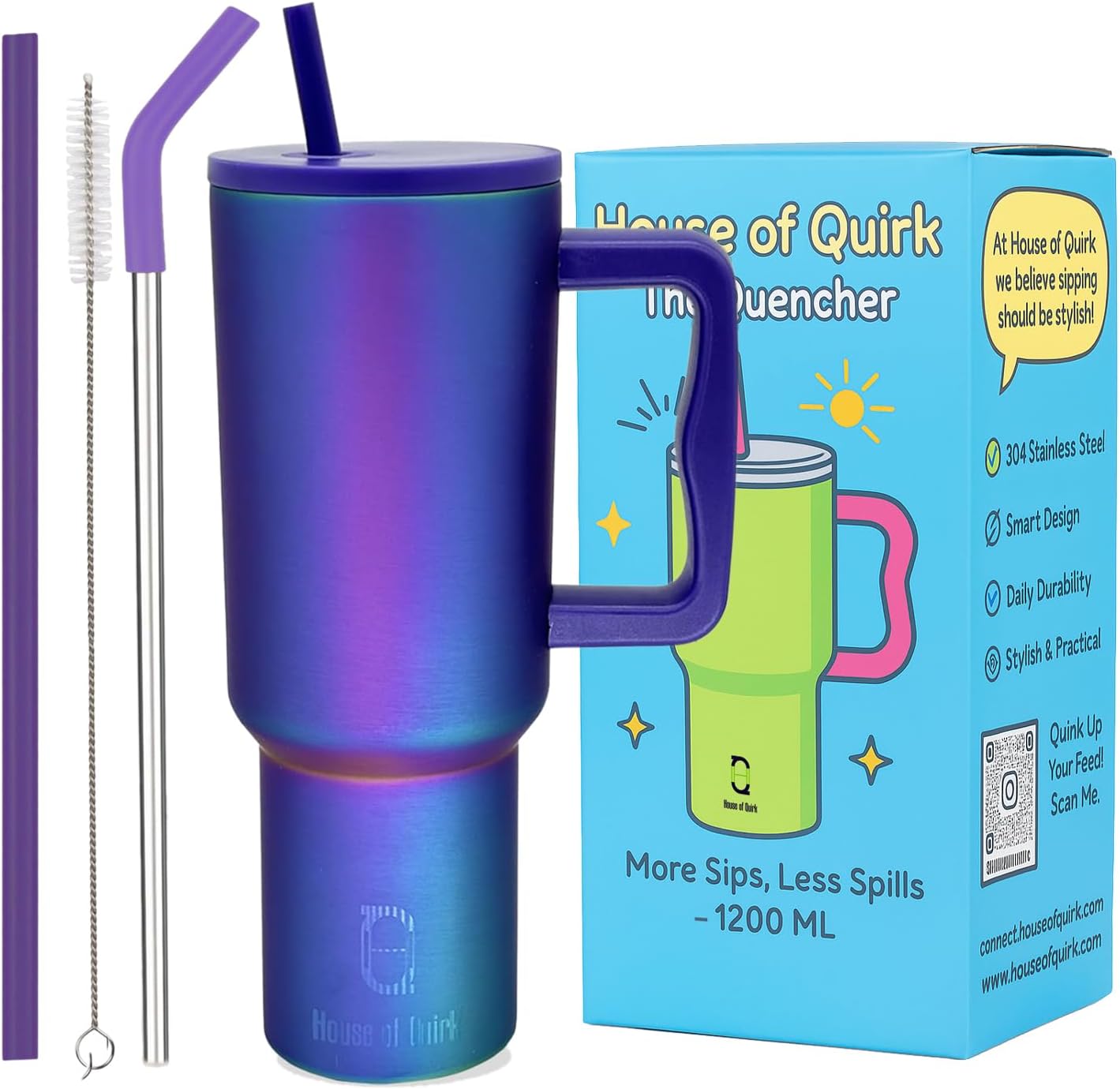 House of Quirk 1200ML Stainless Steel Tumbler with Handle & Lid, 2 Straws – Large Travel Mug Water Cup for Gym, Office & Outdoor Use (Aurora Prism)