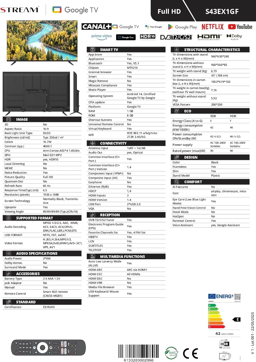 Stream System - Google TV Smart 43", 5 Años de Garantía, FullHD, HDR10, Frameless (Sin Marco), Asistente de Google y Chromecast Integrado - Modelo S43EX1GF (2026)
