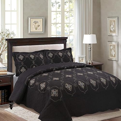 MarCielo Juego de edredón bordado de 3 piezas ligero Emma (negro, California King)