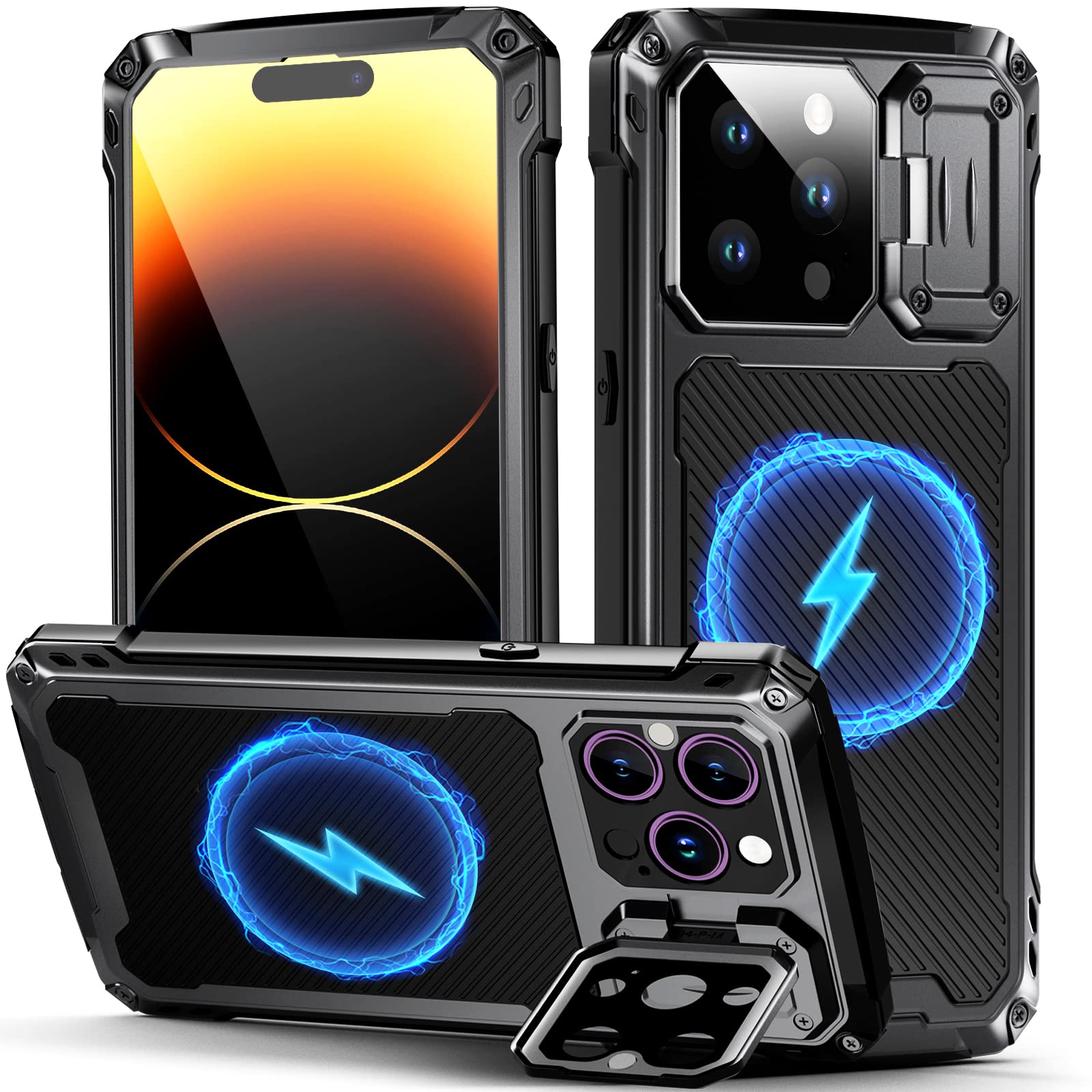 WIFORTfor iPhone 14 Pro Metal Case with Stand, Built-in [Screen Protector][14FT Military Grade Shockproof] Full Body Protective Heavy Duty Armor Magnetic Case with Kickstand 6.1", Black