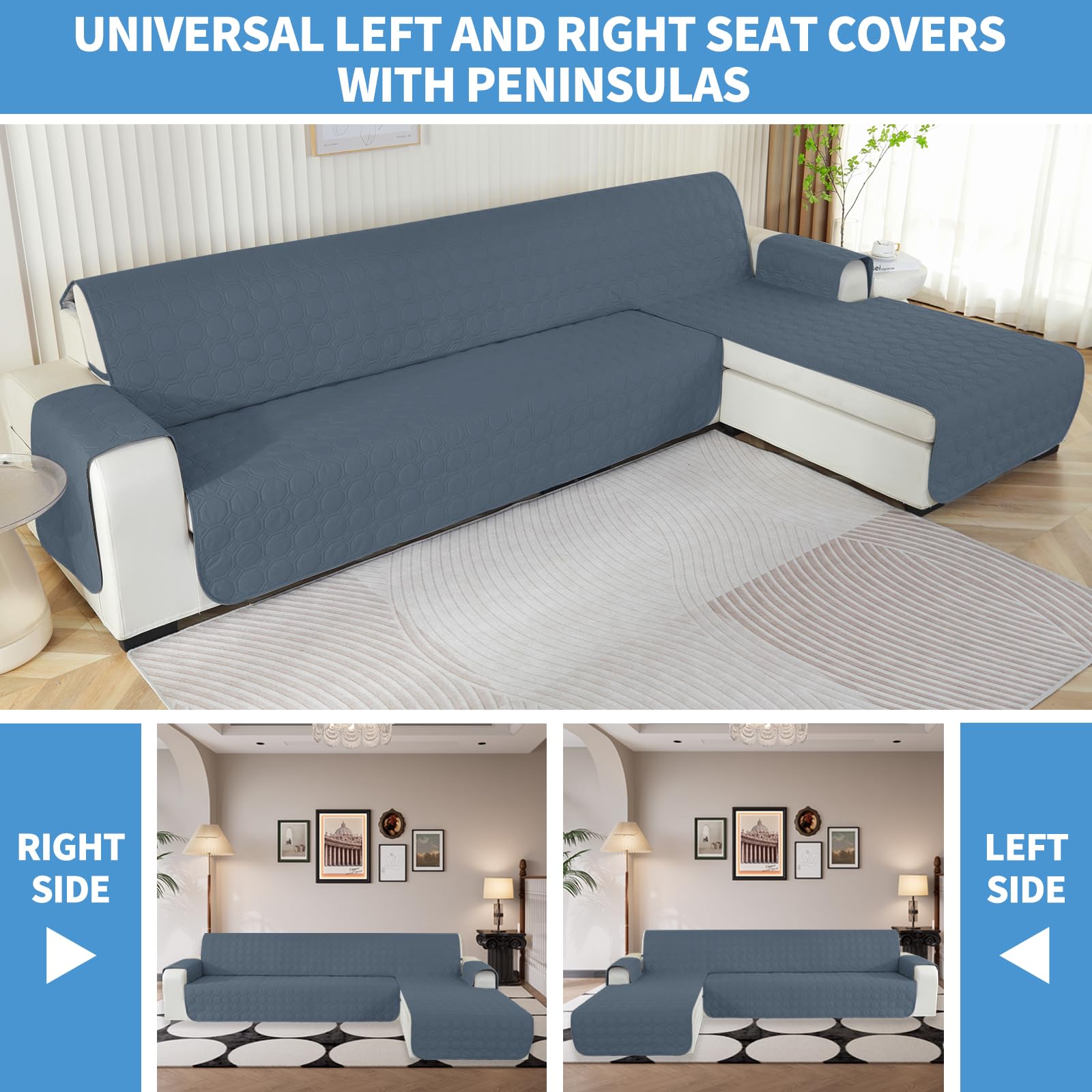 Ystyle Copridivano Impermeabile con Penisola 3 Posti (L 255 CM), Copridivano Angolare Destra/Sinistra Universale Reversibile, Copridivano Chaise longue Antigraffio Antimacchia, Blu Grigio