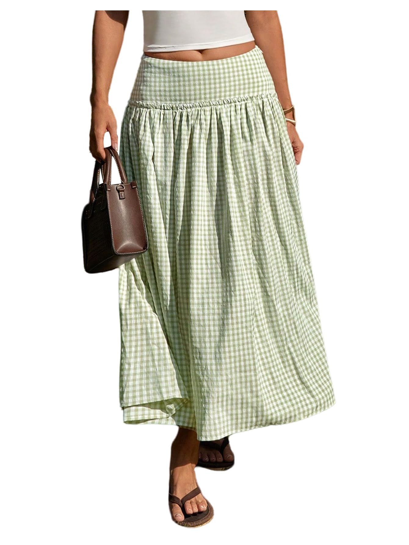 MakeMeChic Women's Plaid Gingham Maxi Skirt Low Waist Flowy Long Skirts