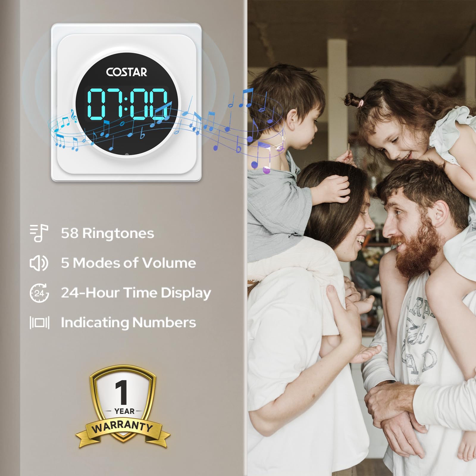 Costar Door Bell - Calling Bell Wireless with 24-Hour Time Display, Wireless Doorbell for Home, 1000ft Range Operating with 58 Chimes, 5 Levels Adjustable Volume(Pebble 705 White 2 Push Button) 1