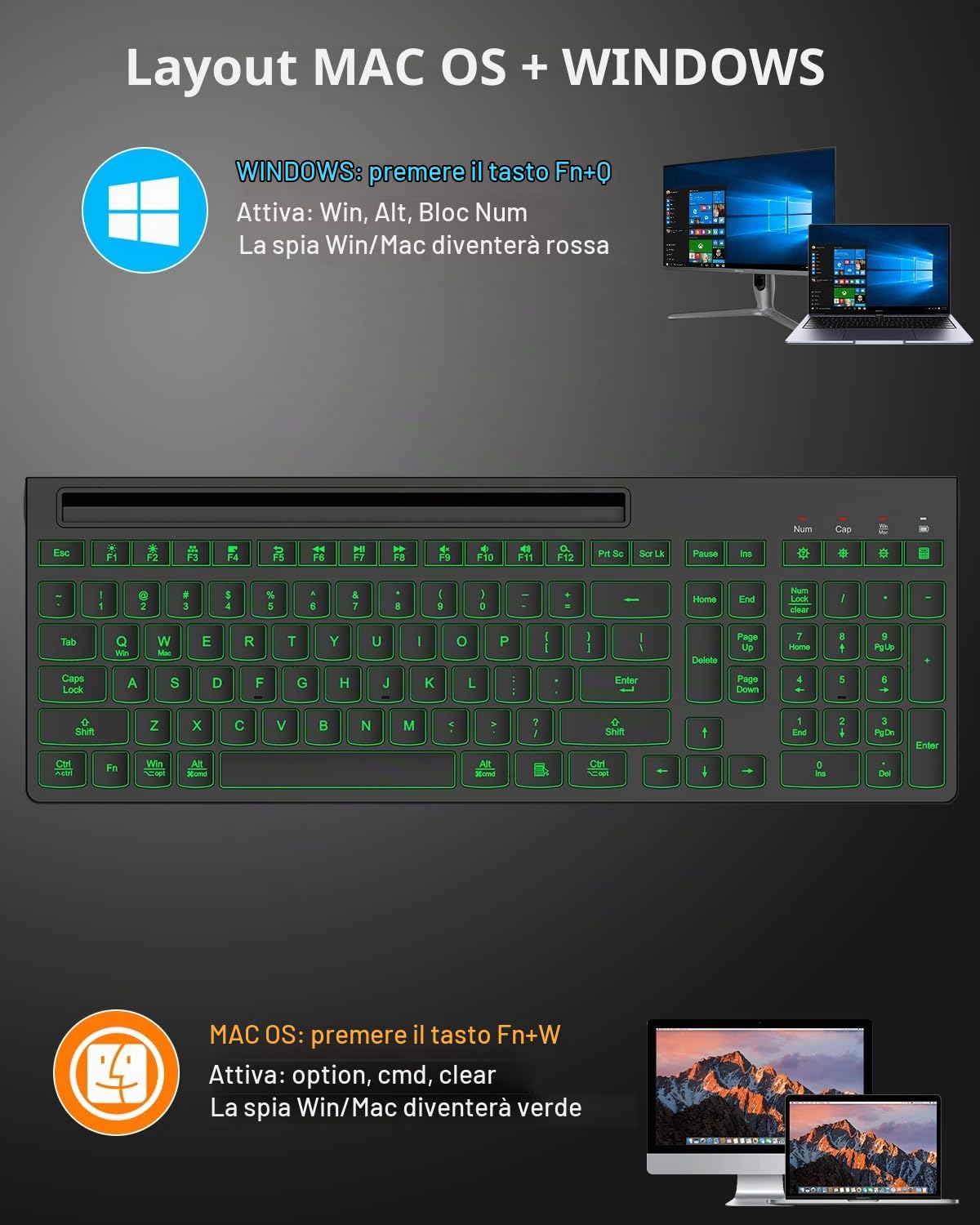 Tastiera wireless e mouse combinata, 7 effetti retroilluminati, lettere illuminate, ricaricabile, supporto per telefono, mouse a 6 pulsanti, angolo di inclinazione ergonomico, mouse USB silenzioso da