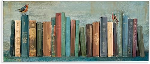 Stupell Industries Pintura texturizada de libros y pájaros verde y azul, diseño de Main Line Studio Art, 7 x 17 pulgadas, placa de pared