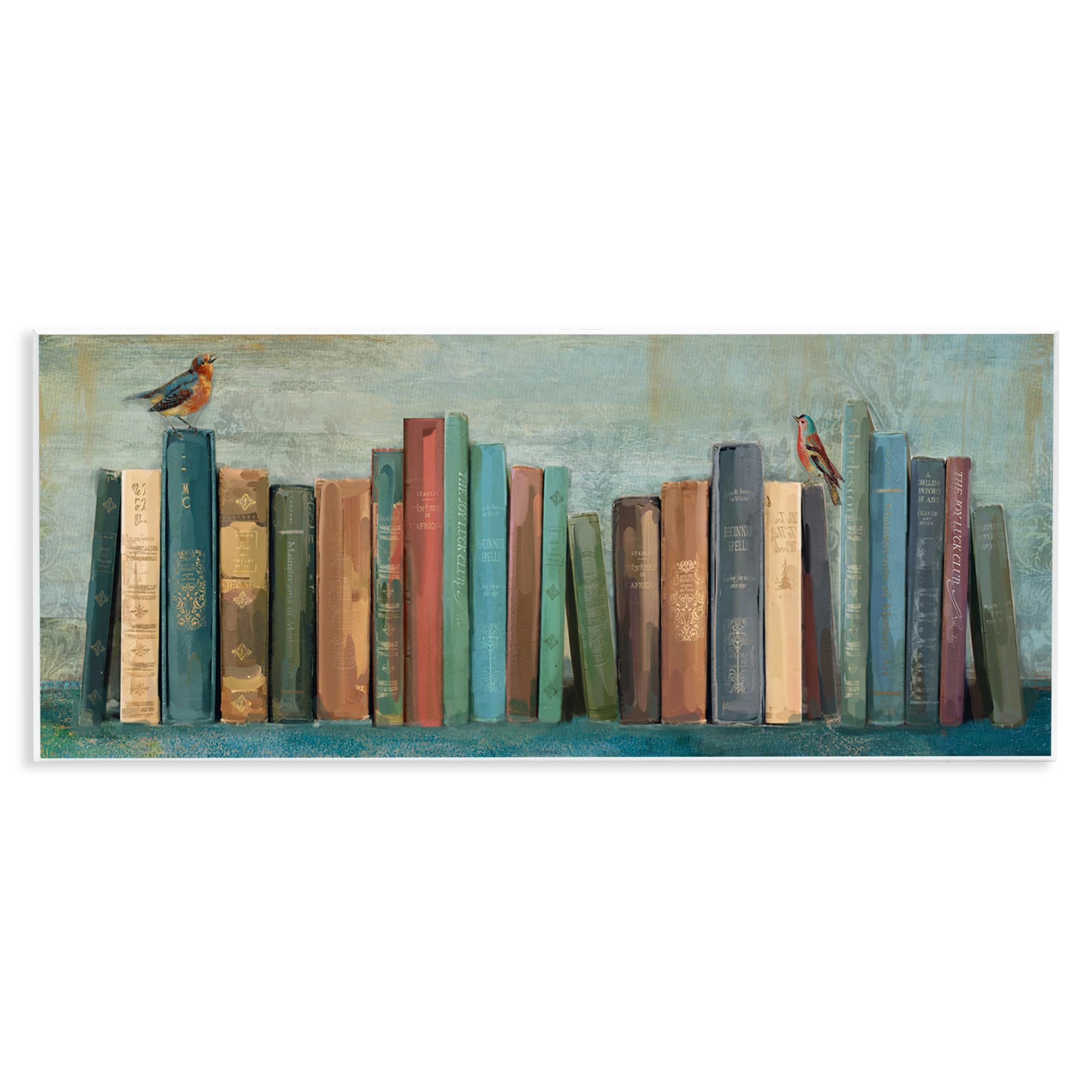 Stupell Industries Books And Birds Green Blue Textured Painting, Design by Main Line Studio Art, 7 x 17, Wall Plaque