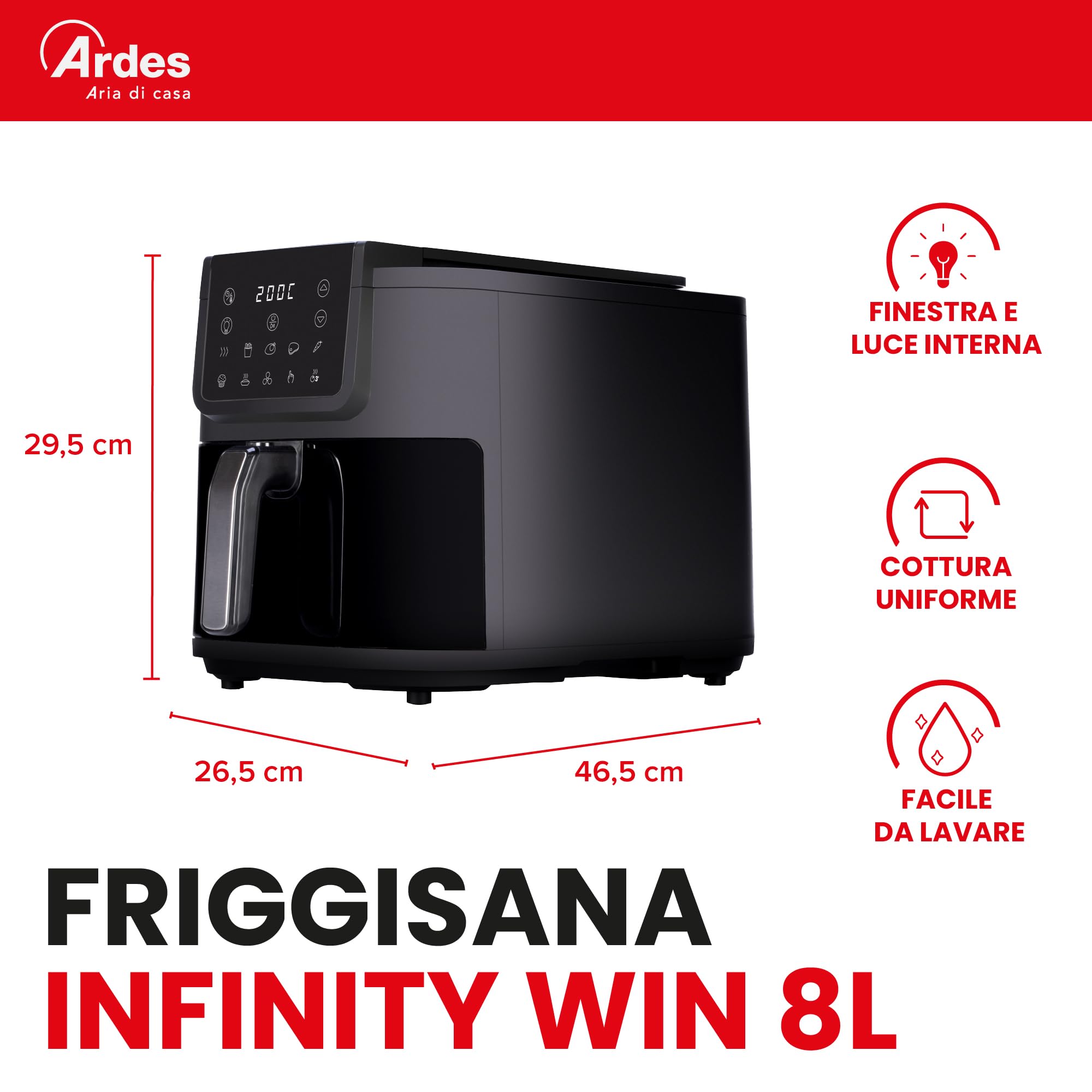 ARDES - ARFRYA08LV frytkownica na powietrze, 8 litrów, bardzo głęboka frytkownica INFINITY - technologia Rapid Air Fryer, wyświetlacz dotykowy, okno i światło wewnętrzne