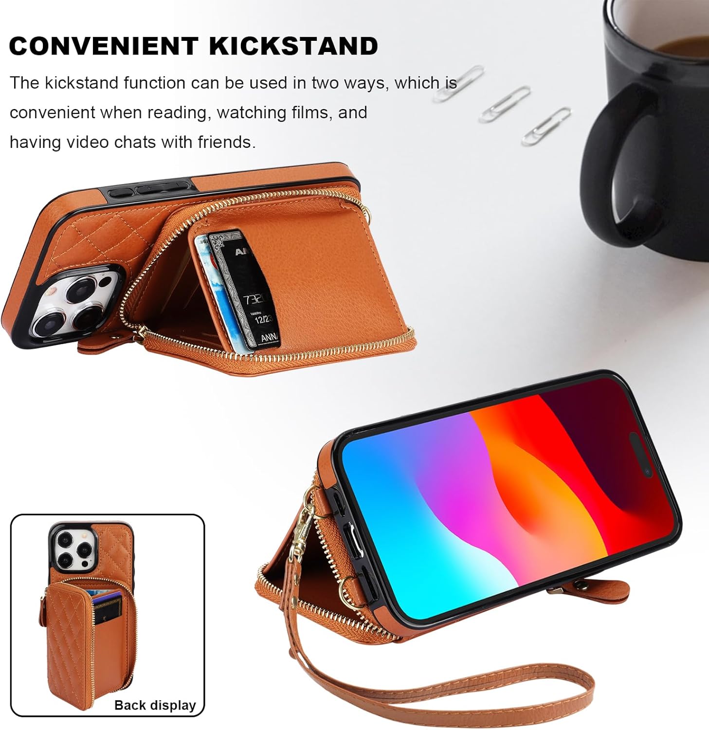 Bocasal Crossbody Wallet Case for iPhone 15 Pro Max, RFID Blocking PU Leather Zipper Handbag Purse Flip Cover, Kickstand Folio Case with Card Slots Holder Wrist Strap Lanyard 5G 6.7 Inch (Brown) - Image 6