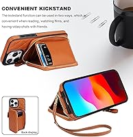 Vista 6 de Bocasal Funda tipo cartera cruzada para iPhone 15 Pro Max, con bloqueo RFID, de piel sintética, con cremallera, funda tipo cartera con función atril