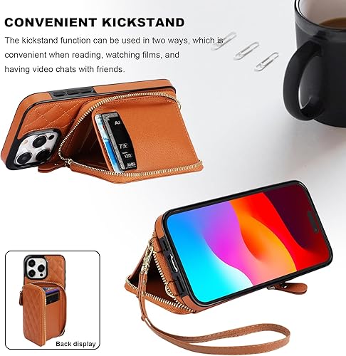 Miniatura 6 de Bocasal Funda tipo cartera cruzada para iPhone 15 Pro Max, con bloqueo RFID, de piel sintética, con cremallera, funda tipo cartera con función atril