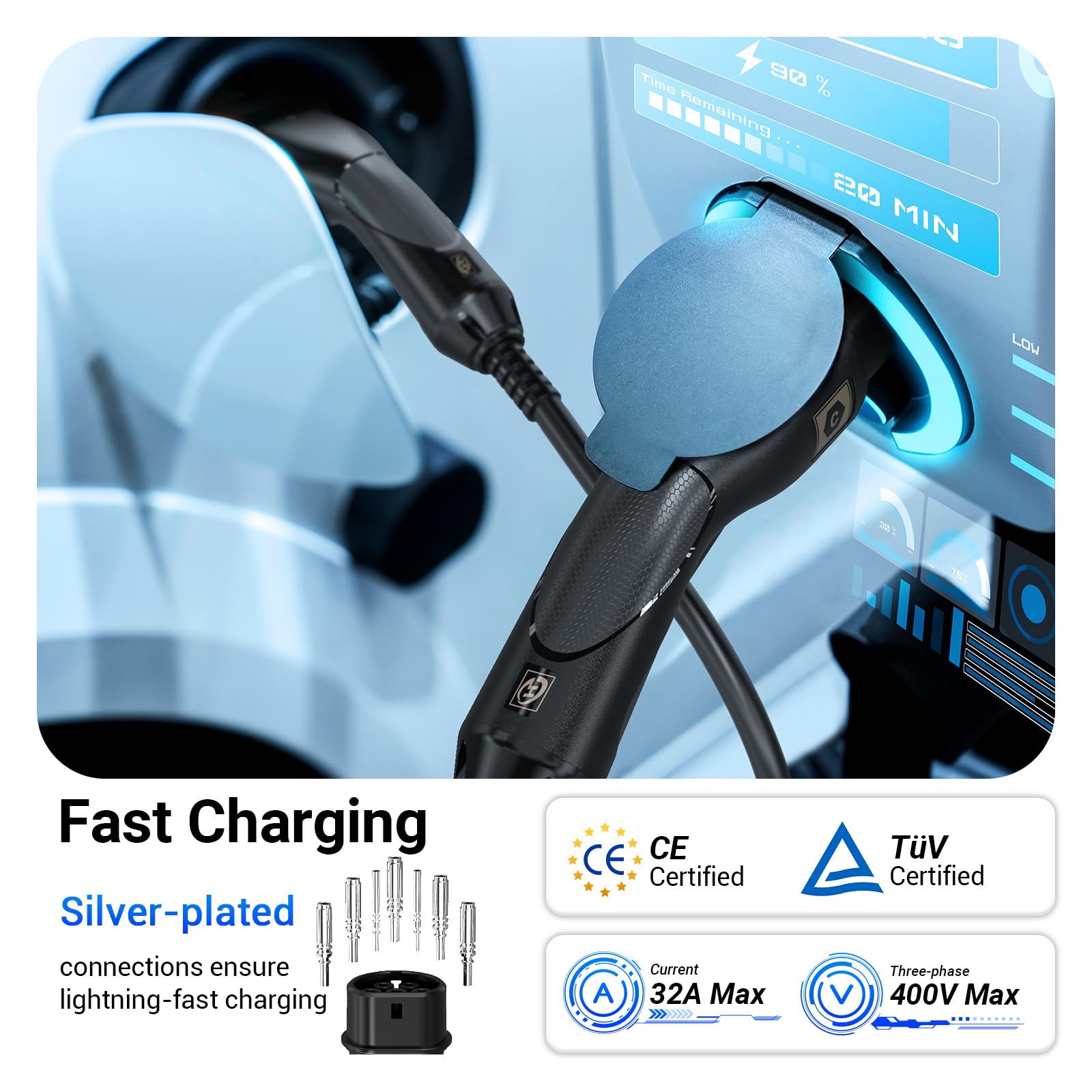 Tera EV Ladekabel Typ 2: 22KW 32A 7Meter 3-Phasen Typ 2 zu Typ 2 Mennekes IP55 Schnellladen Ladekabel Elektroauto Typ 2 für E-Auto EV/PHEV Deutsche Bedienungsanleitung DC-32A-7 Schwarz