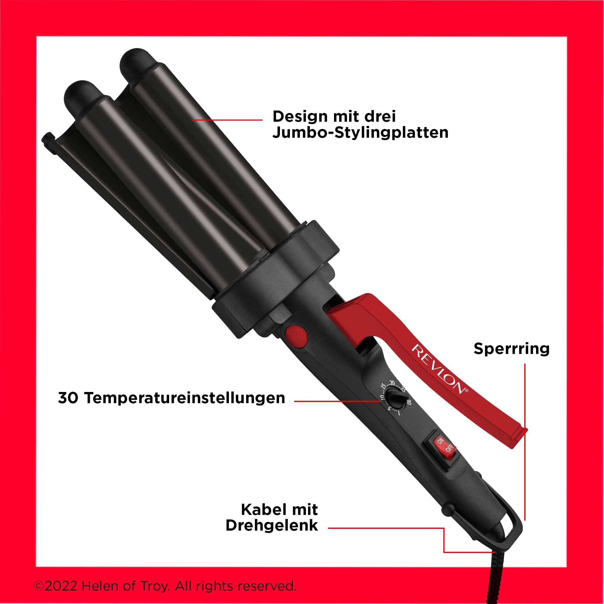 Revlon Hair Tools Revlon Wave Master Jumbo-Welleneisen (Design mit drei Jumbo-Stylingplatten, Turmalin-Keramikbeschichtung, 30 Temperatureinstellungen bis zu 190° C) RVIR3056UKE