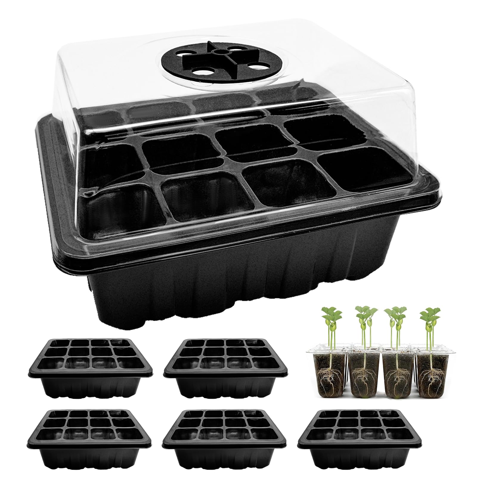 Mudoulu Black 6 Pcs Seed Trays, 72 Cells Reusable Seed Tray With Lids Propagators For Plants Growing Starter Tray Plastic Propagators For Plants For Greenhouse/Garden With Garden Tools And Labels