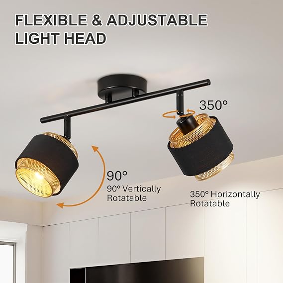 HARPER LIVING 2 Way Ceiling Spotlights, Black & Gold Spot Light Fittings, 2xE14 40W Max, 90°+350° Rotation Heads, Metal Mesh & Fabric Shade Track Lighting Ceiling for Kitchen Living Room Bedroom [Energy Class A+]