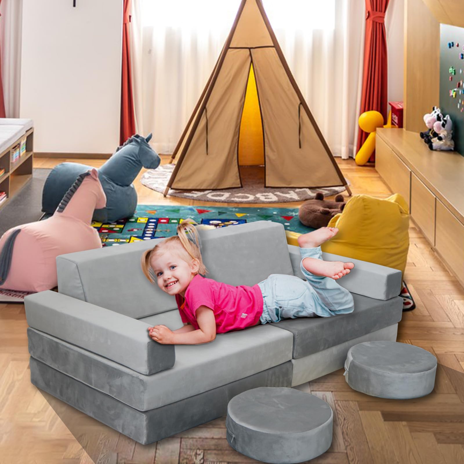 Jadoxy Modular Kids Play Couch, Kids Sectional Couch Sofa, Bedroom and Playroom Convertible Foam for Toddlers, Floor Cushion for Imaginative Boys and Girls (Light Grey-Suede)