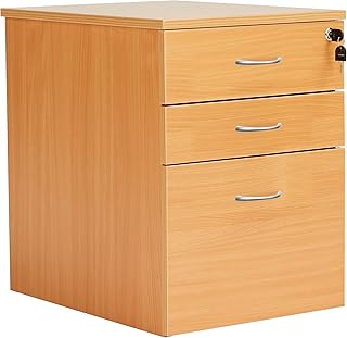Heavy Duty 3 Drawer (1 for Filing) Mobile Pedestal Filing Cabinet, File Cabinet, Office Cabinet with Anti-Tilt Mechanism & Lockable Office Storage, 5 Year Wty, Beech