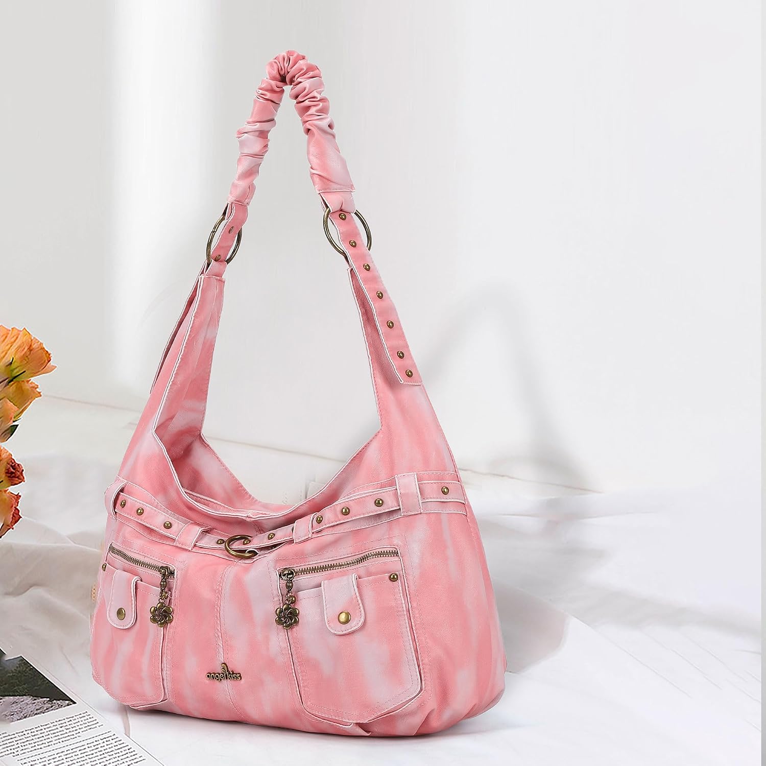 Angel Kiss Purses for Women Large Hobo Shoulder Bags Vagen Leather Multi-Pocket Tote Bag Ladies Designer Handbags with Studs image 3
