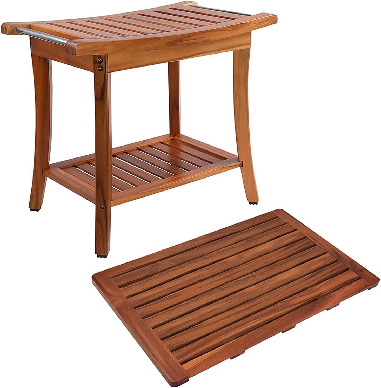 Teak Shower Bench Seat with Shower Mat, Spa Bathing Stool and Bath Mat