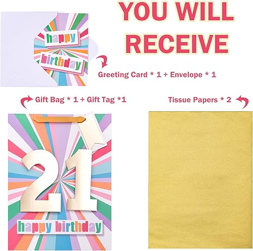 Miniatura 3 de WRAPAHOLIC Bolsa de regalo de cumpleaños grande de 13 pulgadas con tarjeta y papel de seda - 21 cumpleaños