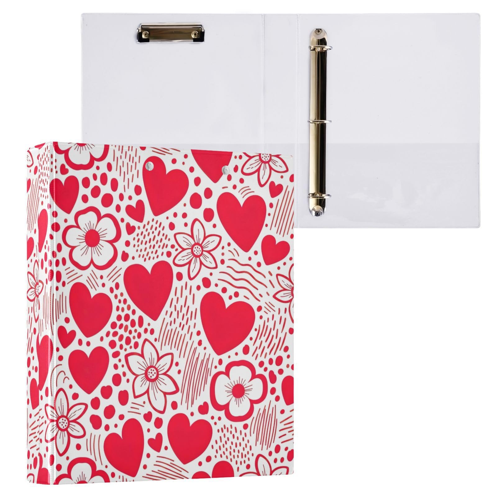 Raccoglitore a 3 anelli con stampa a forma di cuore, rosso e bianco, con portablocco, confezione da 2