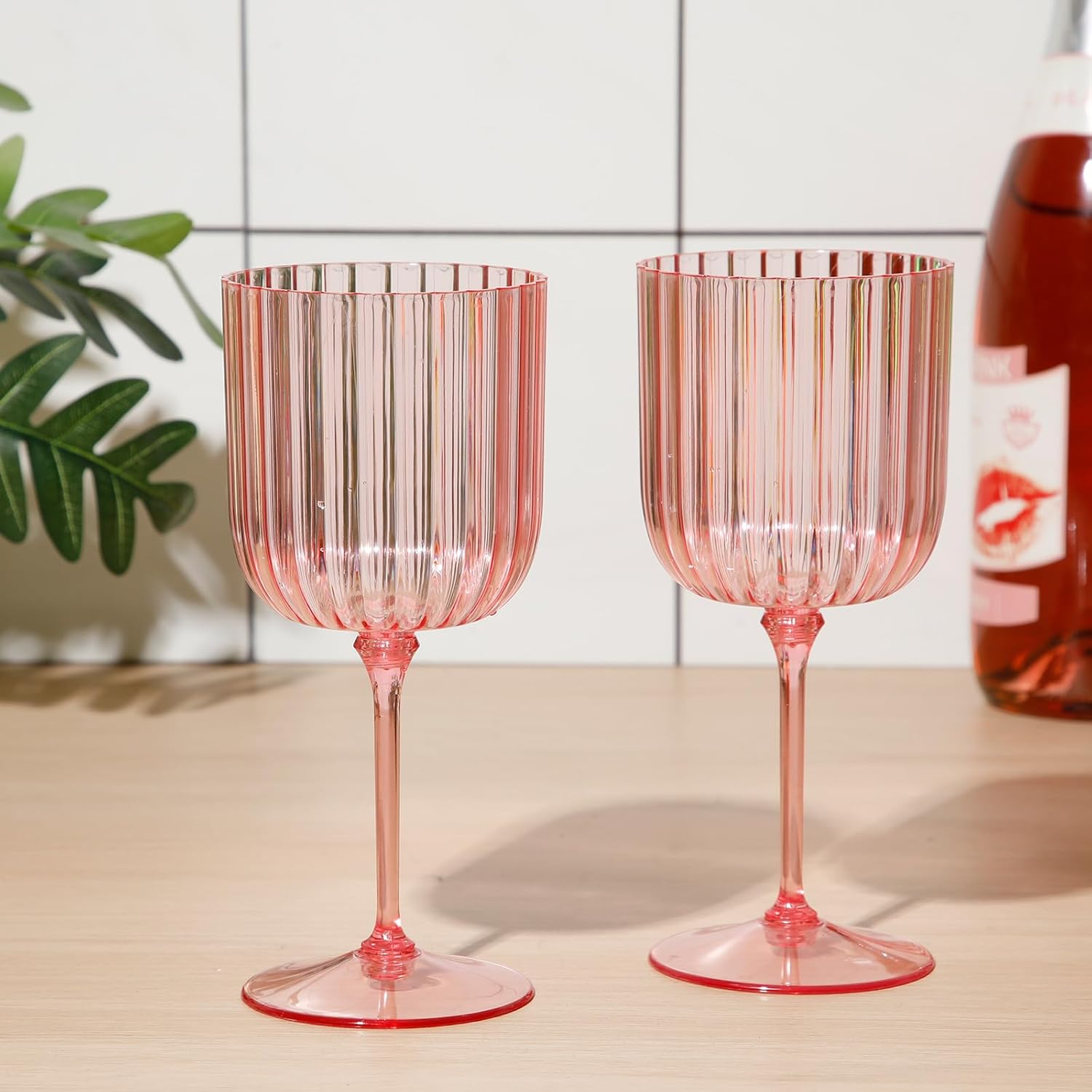 24 Pack Plastic Ribbed Wine Glasses With Stem 11 oz Goblet Detachable Wine Glass Disposable Champagne Cups Vintage Style for Wedding Anniversary Birthday Dinner Parties (Pink) - Image 5