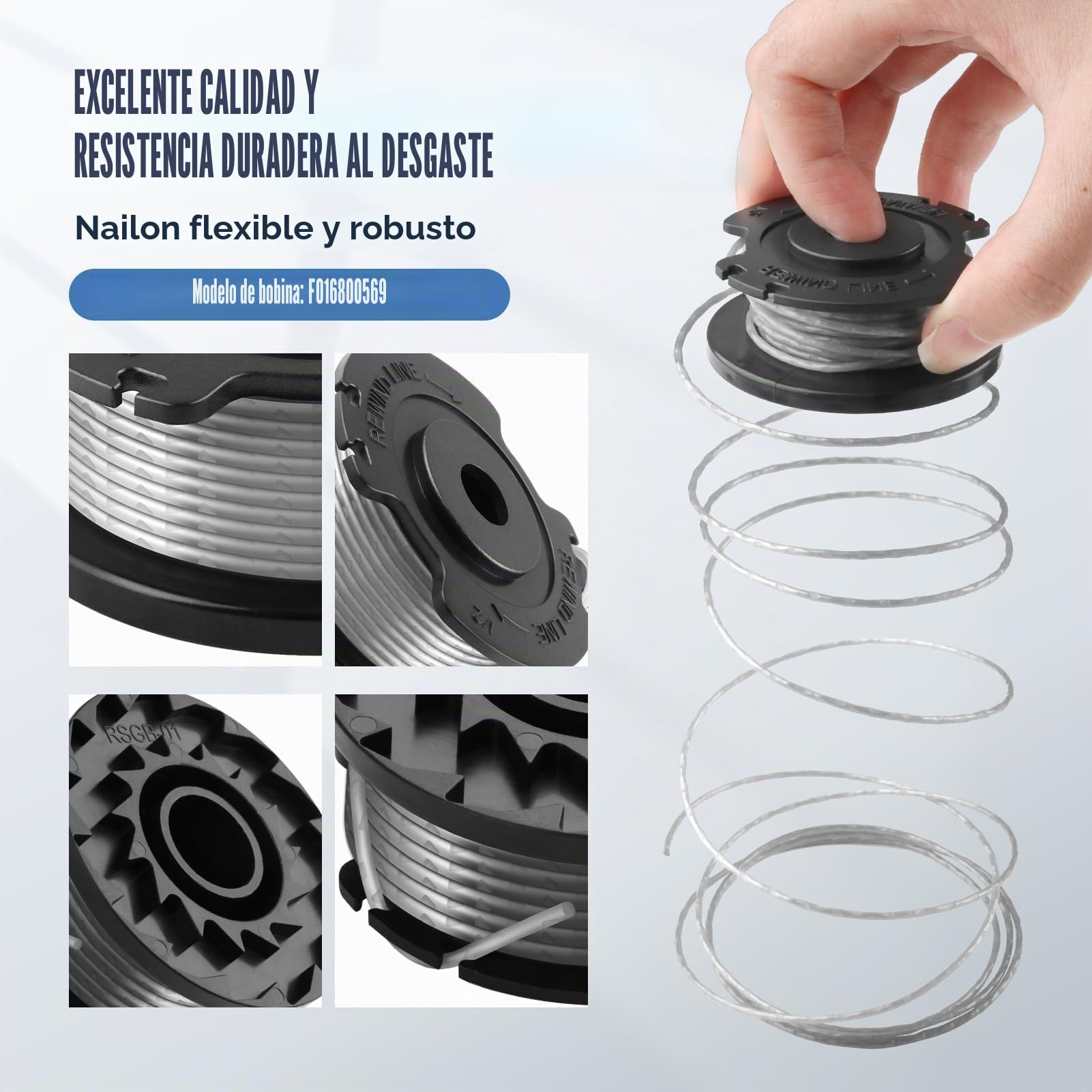 Bobina y línea para desbrozadora Bosch,6 pcs bobina de repuesto de recortadora cortabordes para F016800569,1 tapas para F016F05320 compatibles con Bosch EasyGrassCut 18/23/26/18-230/18-260(Ø1.65mm 6m)