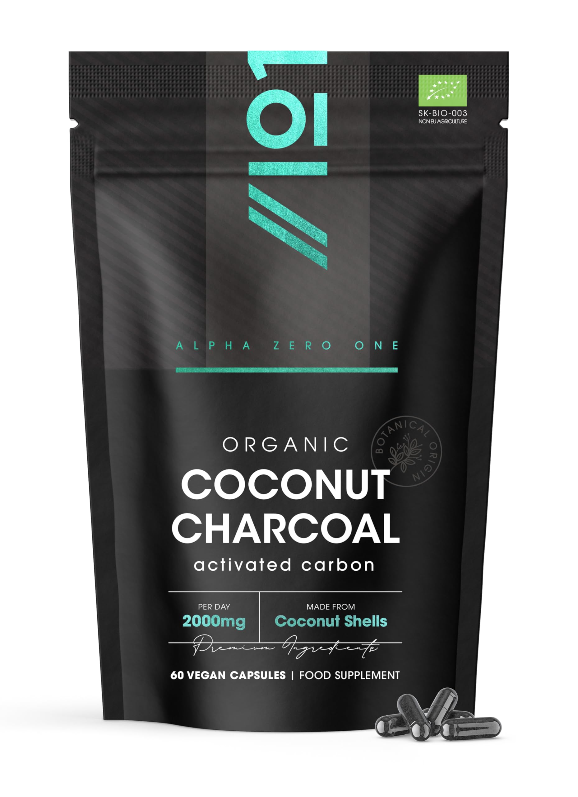 ALPHA01 Activated Coconut Charcoal Capsules - 1000mg - Made from Organic Thai Coconut Shells - Non-GMO, 60 Vegan Capsules (1 Pack)