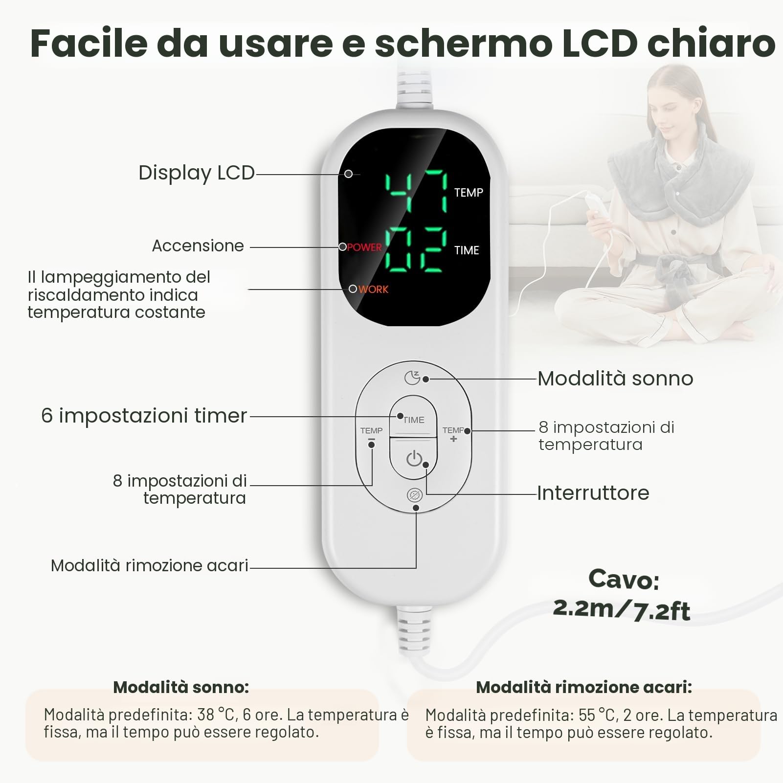 Uplayteck Termoforo Elettrico, 6 Timer e 8 Livelli di Riscaldamento, 94X61cm Riscaldante per Schiena Spalle, Collo con Rimozione degli Acari e Modalità Sleep, Spegnimento Automatico, Riscalda il corpo