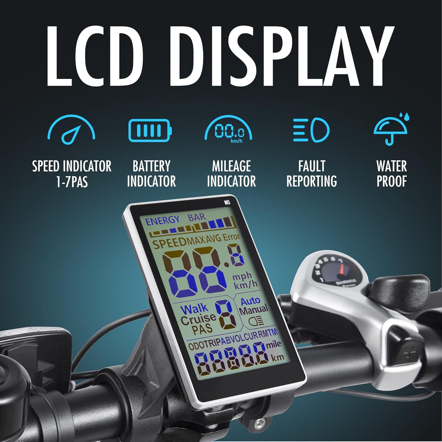 Close-up of the LCD display on the DYU FF500 Electric Bike.