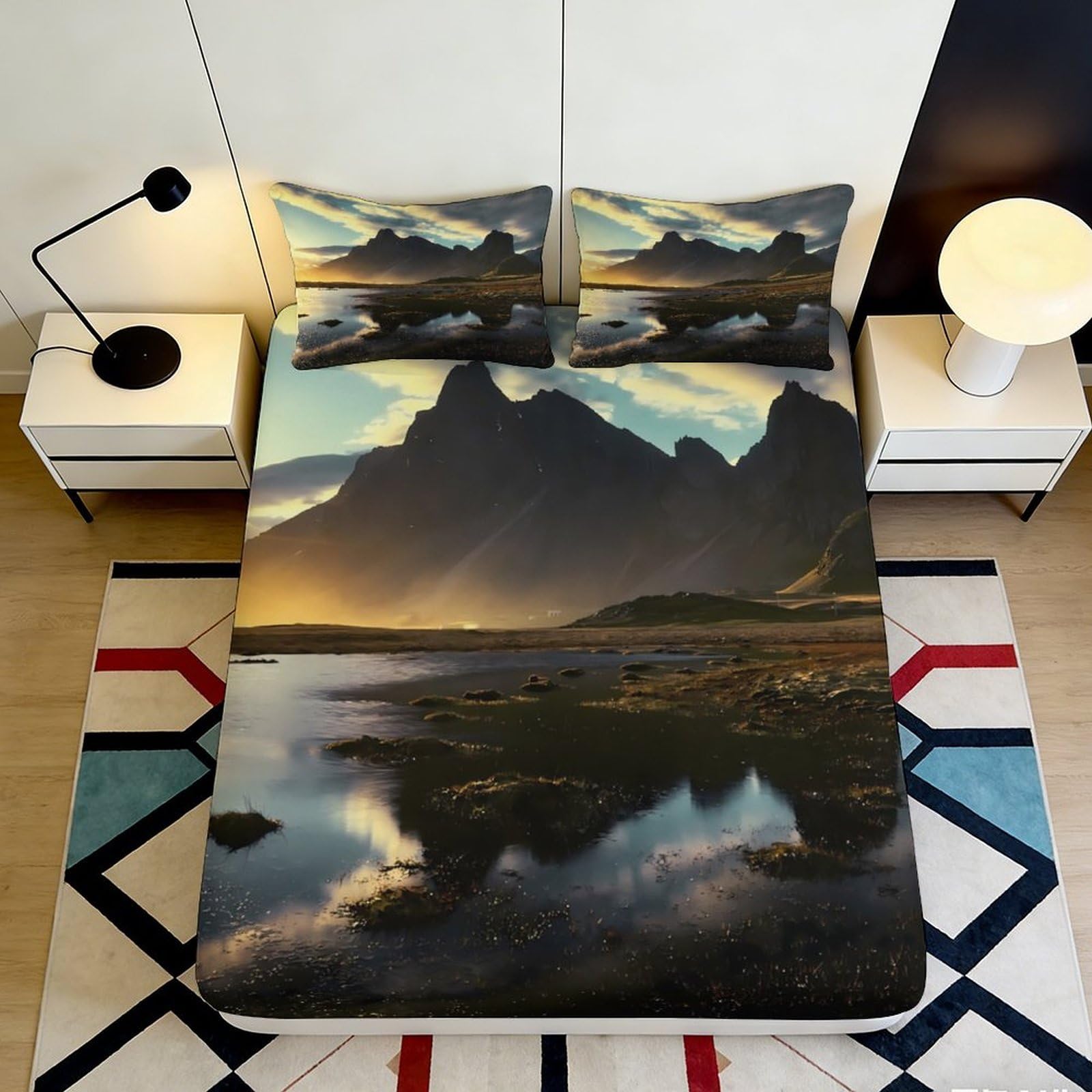 3D Printed Mountain Lake Fitted Sheet Microfiber Soft Nature Landscape Bed Cover for Bedroom Dorm Decor 90x200x25cm