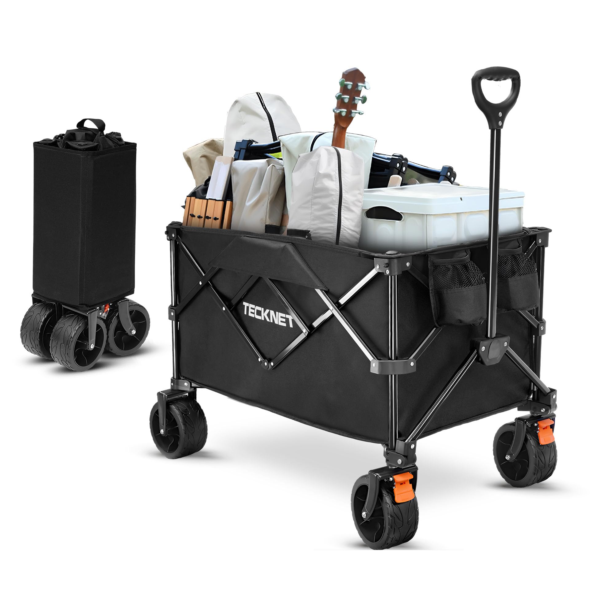 TECKNET Chariot de transport pliable avec freins - 180 l - 150 kg - Charge maximale : 150 kg - Pour la plage, le camping, le camping, les festivals - Noir