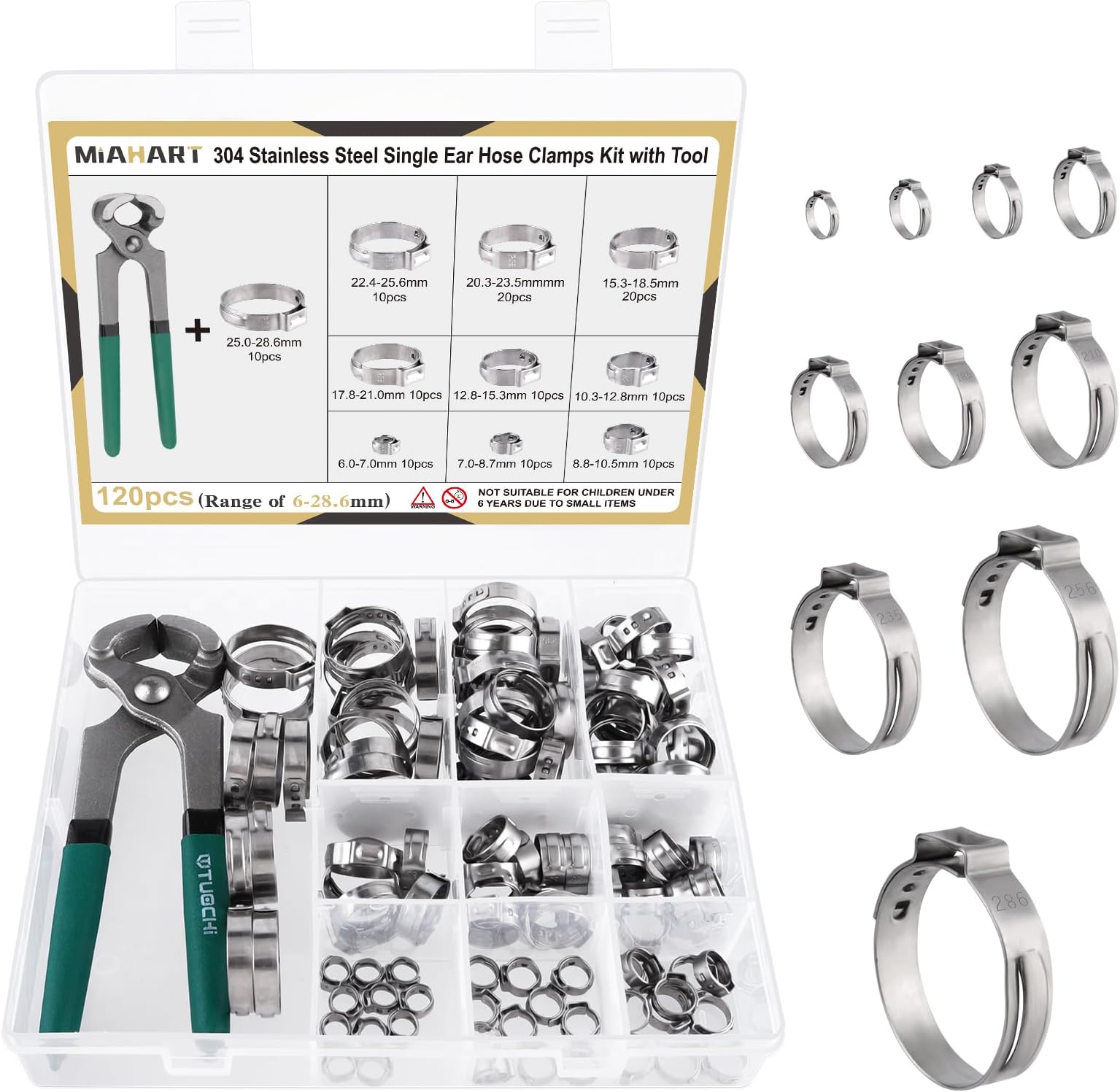 MIAHART 120Pcs Stainless Steel Single Ear Hose Clamps with Ear Clamp Pincer 10 Sizes 304 Stepless Crimp Clamps for Securing PEX Tubing Pipe Hose and Automotive Use with Storage Box 1/4 inch-1 1/8 inch