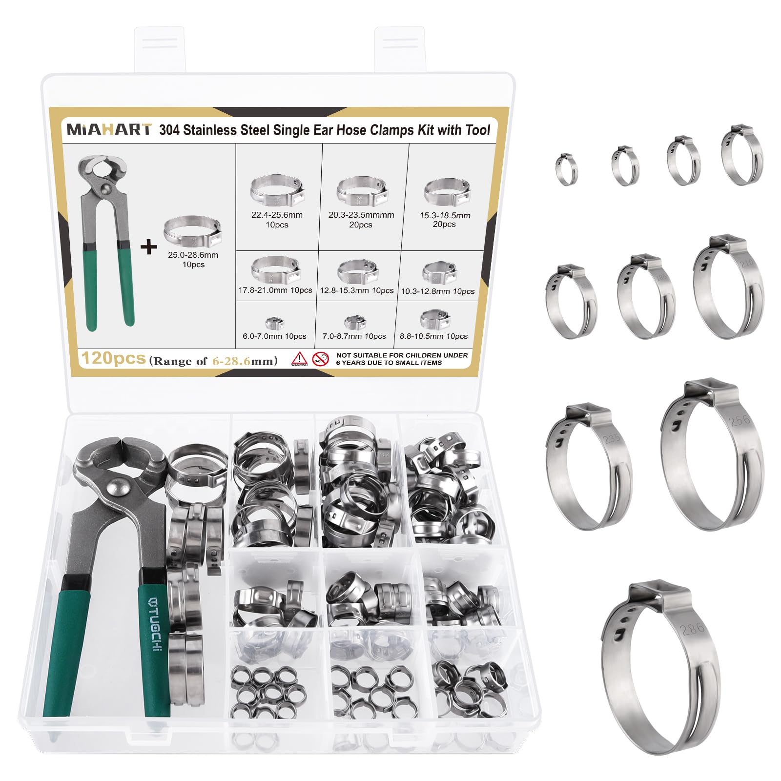 MIAHART 120Pcs Colliers de serrage à une oreille en acier inoxydable avec 10 tailles Pince à sertir en continu 304 pour sécuriser les tuyaux flexibles PEX et l'utilisation automobile