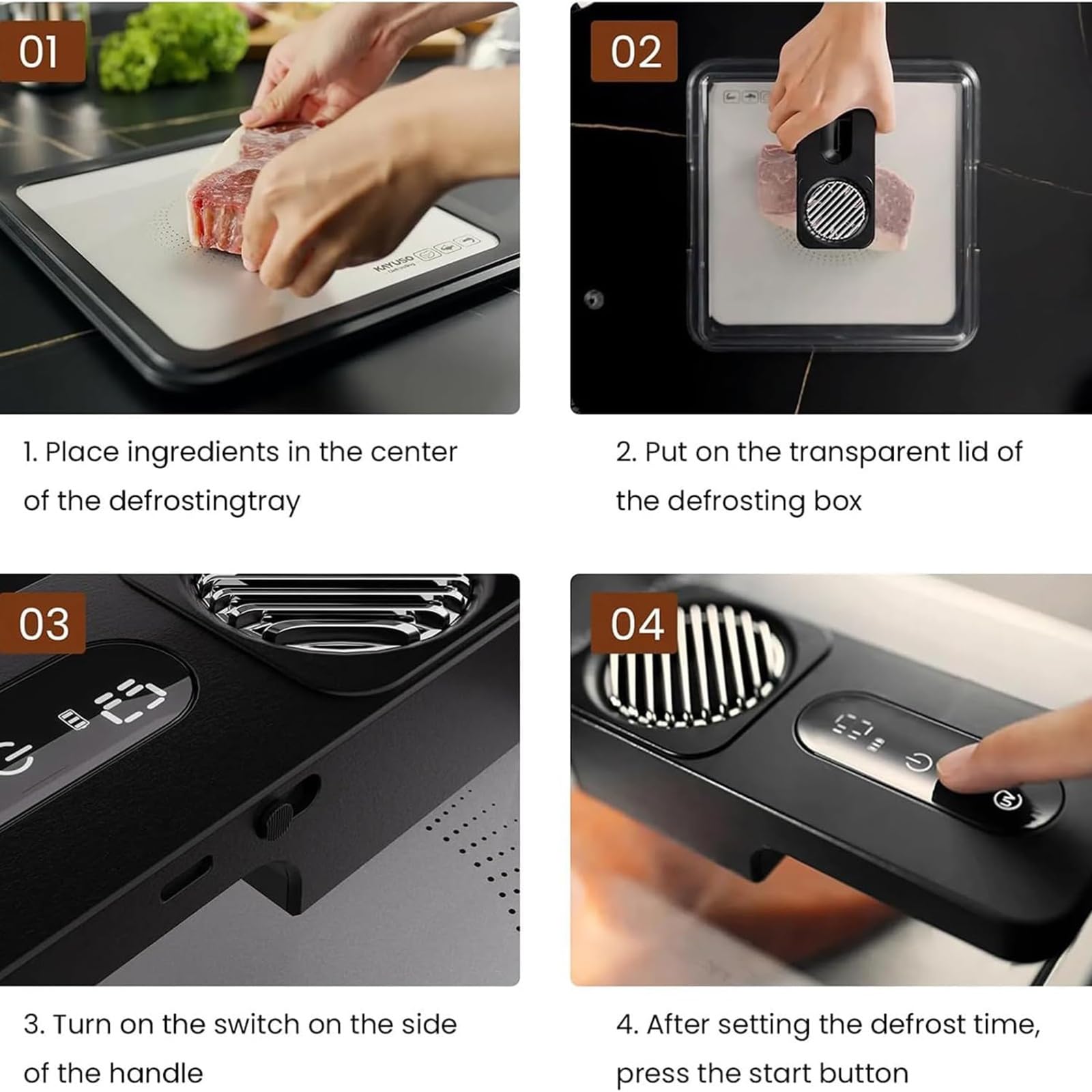 Scatola elettrica per scongelamento degli alimenti, vassoio per scongelamento della carne congelata da 4,2 l, con coperchio, scongelamento rapido in 10 minuti, chiusura fresca e tecnologia del flusso