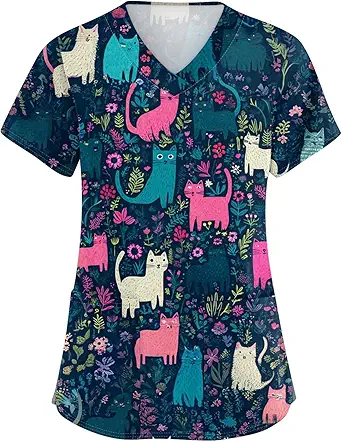 OIOLOYJM Printed Scrub Tops Women V Neck Short Sleeve Plus Size Scrubs for Womens Nursing Uniforms Shirts with Pockets