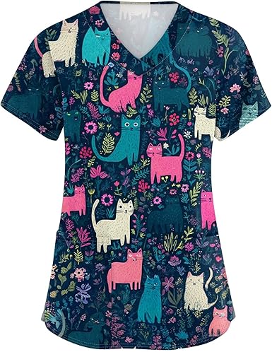 OIOLOYJM Printed Scrub Tops Women V Neck Short Sleeve Plus Size Scrubs for Womens Nursing Uniforms Shirts with Pockets
