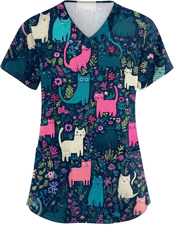 OIOLOYJM Printed Scrub Tops Women V Neck Short Sleeve Plus Size Scrubs for Womens Nursing Uniforms Shirts with Pockets