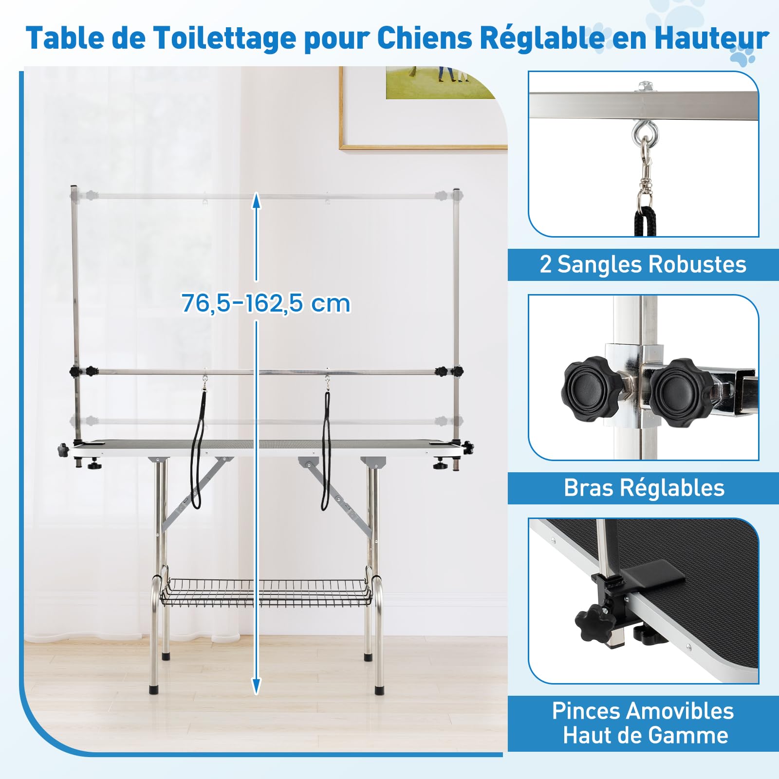 COSTWAY Table de Toilettage pour Chien Pliable, Bras Réglables en Hauteur, 2 Sangles, Pinces Amovible, Plateau Fond en Maille, Table Toilettage Chien Chat, Charge 150 kg, 125 x 61 x 162,5 cm