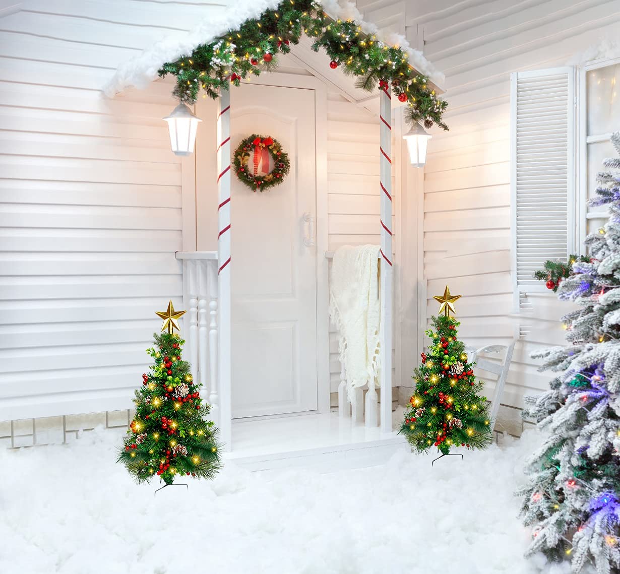 Outdoor Lighted Pathway Christmas Trees,2.7FT Pre-Lit Artificial Xmas Trees Decoration,2 Pack Battery Operated Urn Filler Entryway Potted Tree for Porch,Driveway,Yard,Garden,Holiday Decor