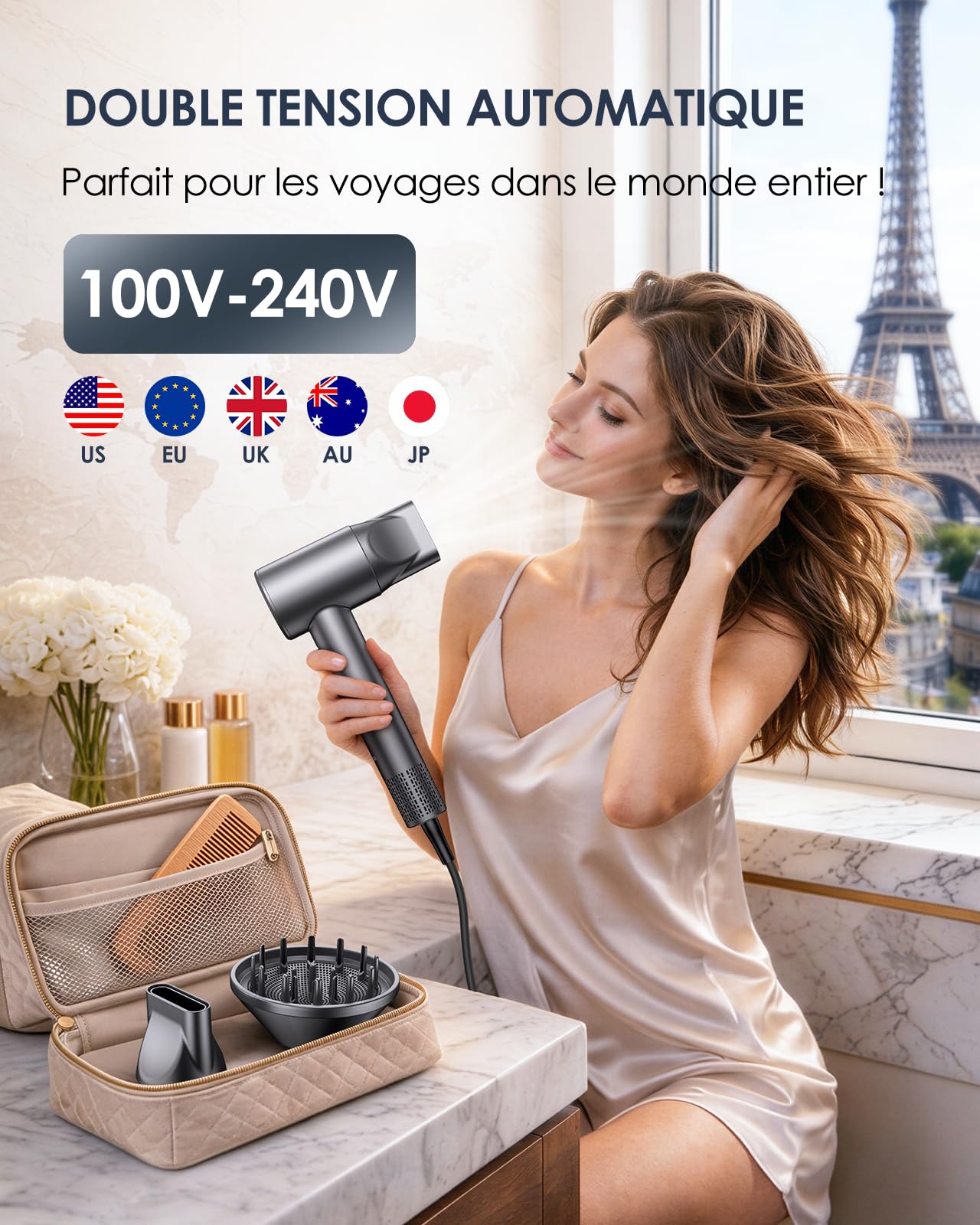 Bopcal Sèche Cheveux Ionique Professionnel, 100–240V Seche Cheveux de Voyage, 170000 TR/Min Haute Vitesse avec Diffuseur, Séchage Rapide, 500 Millions d’Ions Négatifs, pour Maison, Salon, Cadeau