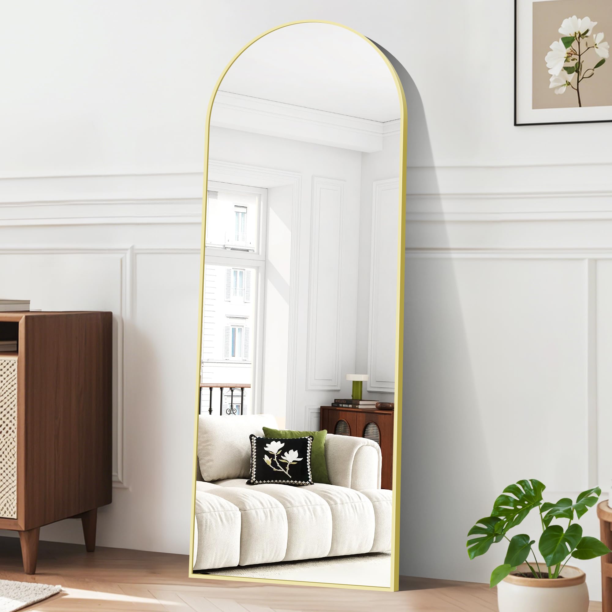 BONEWEI Espejo de Pie Cuerpo Entero Curvado, Espejos Grandes de Pared con Marco de Oro Aluminio 165 x 60 cm, Espejo de Pie Inclinado o Colgante para Salón, Dormitorio, Entrada